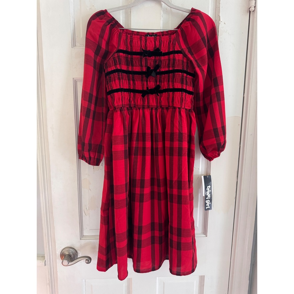 NWT Trixxi Girl Red Black Plaid Smocked Christmas Dress Velvet Bows Kids Medium